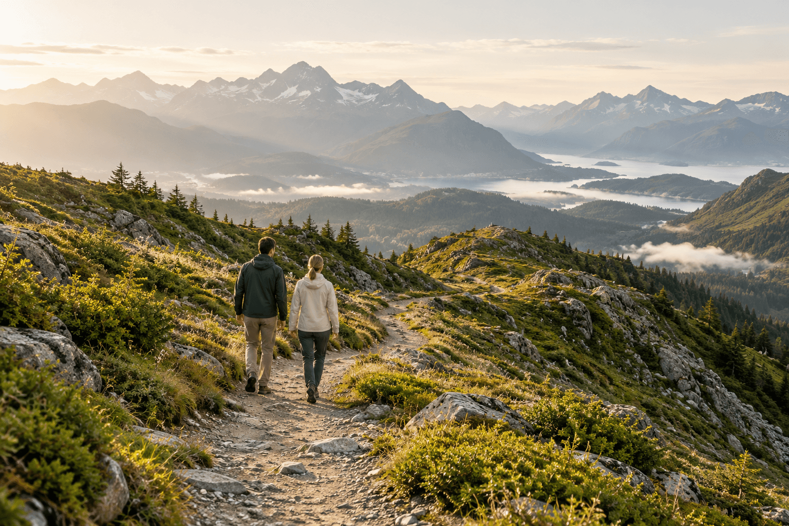 Two people walking a mountain path with a vista beyond