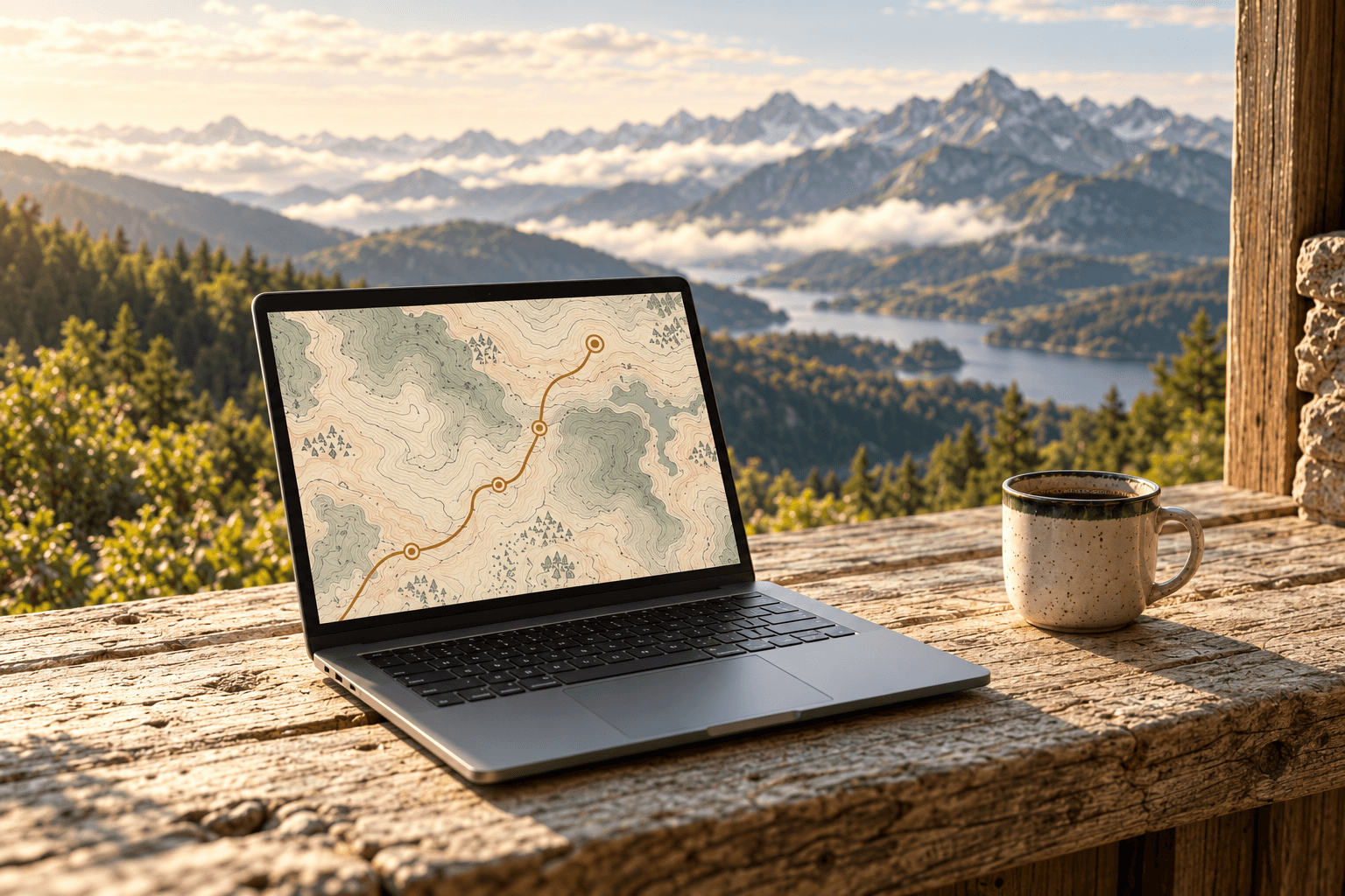 A laptop showing a topographic map and a ceramic cup, with a mountain view beyond