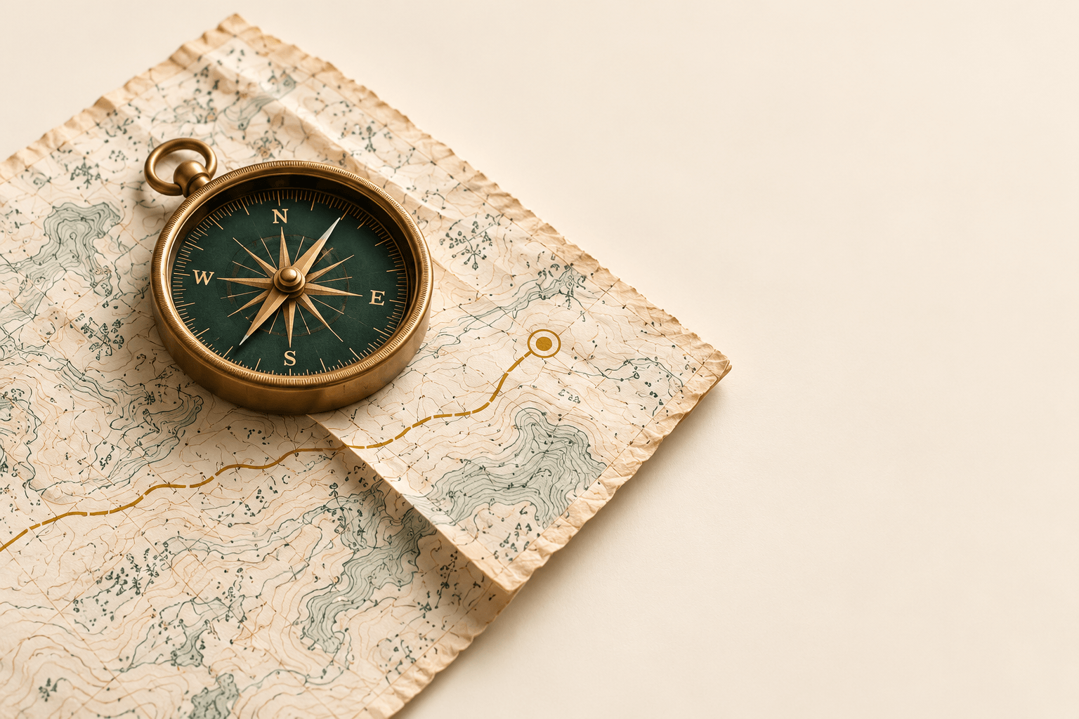 A brass compass resting on a folded topographic map